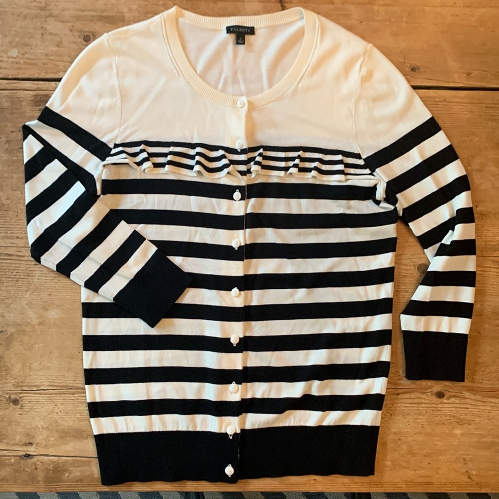 NWOT Ruffle Front Talbots Striped Cotton Cardigan Sweater with Anchor Buttons